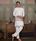 White silk premium thread & sequins embroidered work wedding festival party wear straight kurta with jacke and pant