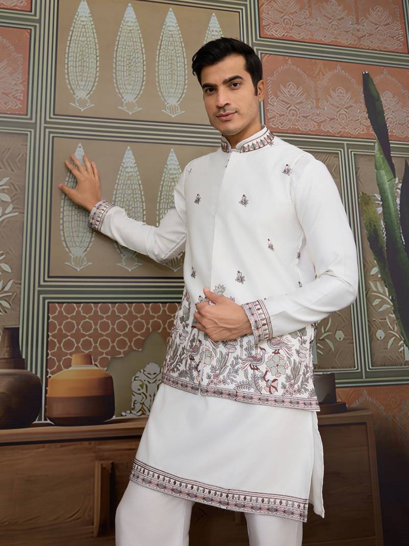 White silk premium thread & sequins embroidered work wedding festival party wear straight kurta with jacke and pant