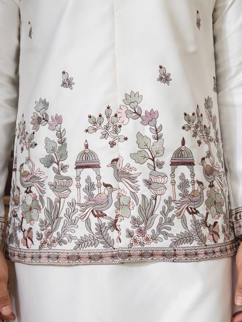 White silk premium thread & sequins embroidered work wedding festival party wear straight kurta with jacke and pant