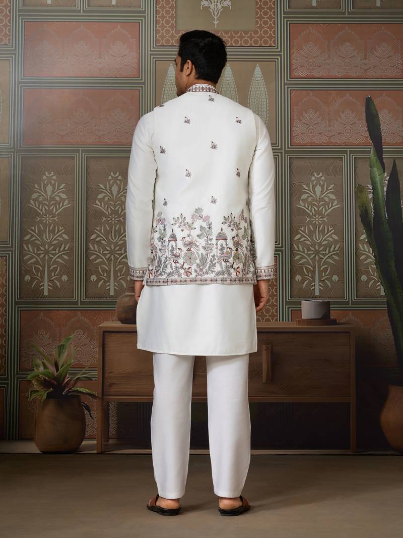 White silk premium thread & sequins embroidered work wedding festival party wear straight kurta with jacke and pant