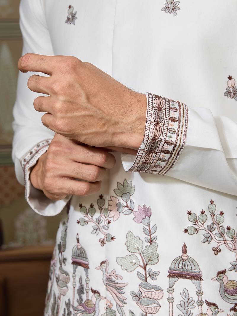 White silk premium thread & sequins embroidered work wedding festival party wear straight kurta with jacke and pant