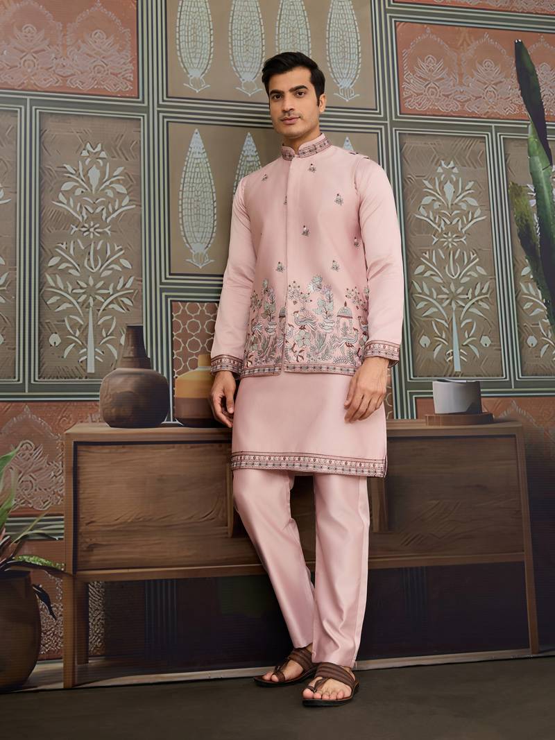 Pink silk premium thread & sequins embroidered work wedding festival party wear straight kurta with jacke and pant