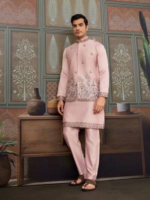 PINK SILK PREMIUM THREAD & SEQUINS EMBROIDERED WORK WEDDING FESTIVAL PARTY WEAR STRAIGHT KURTA WITH JACKE AND PANT 1
