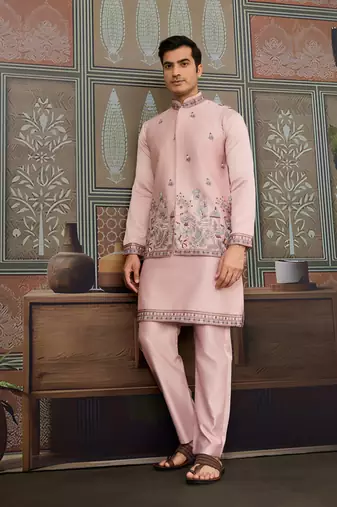 Pink silk premium thread & sequins embroidered work wedding festival party wear straight kurta with jacke and pant