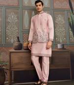 Pink silk premium thread & sequins embroidered work wedding festival party wear straight kurta with jacke and pant