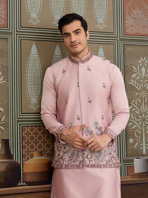 PINK SILK PREMIUM THREAD & SEQUINS EMBROIDERED WORK WEDDING FESTIVAL PARTY WEAR STRAIGHT KURTA WITH JACKE AND PANT 3