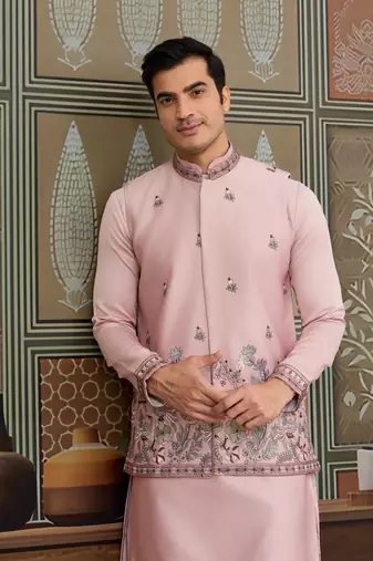 PINK SILK PREMIUM THREAD & SEQUINS EMBROIDERED WORK WEDDING FESTIVAL PARTY WEAR STRAIGHT KURTA WITH JACKE AND PANT