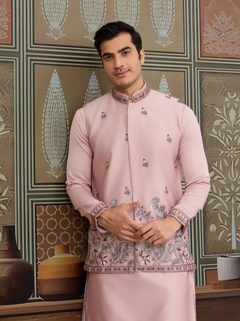 Pink silk premium thread & sequins embroidered work wedding festival party wear straight kurta with jacke and pant