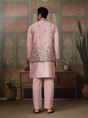 PINK SILK PREMIUM THREAD & SEQUINS EMBROIDERED WORK WEDDING FESTIVAL PARTY WEAR STRAIGHT KURTA WITH JACKE AND PANT 6