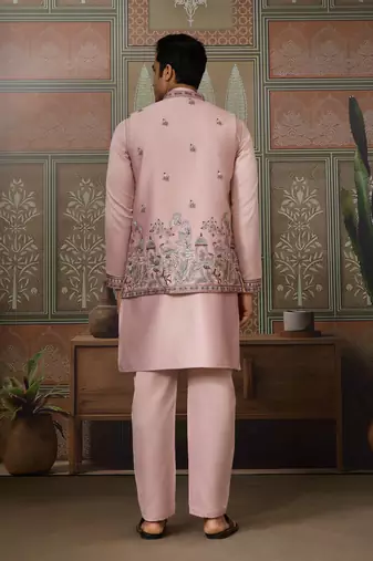 PINK SILK PREMIUM THREAD & SEQUINS EMBROIDERED WORK WEDDING FESTIVAL PARTY WEAR STRAIGHT KURTA WITH JACKE AND PANT