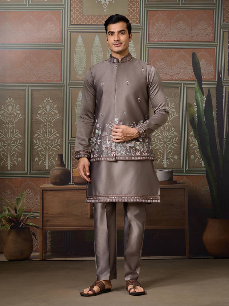 Grey silk premium thread & sequins embroidered work wedding festival party wear straight kurta with jacke and pant