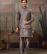Grey silk premium thread & sequins embroidered work wedding festival party wear straight kurta with jacke and pant