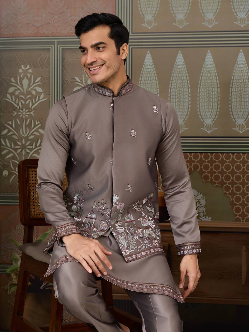 Grey silk premium thread & sequins embroidered work wedding festival party wear straight kurta with jacke and pant