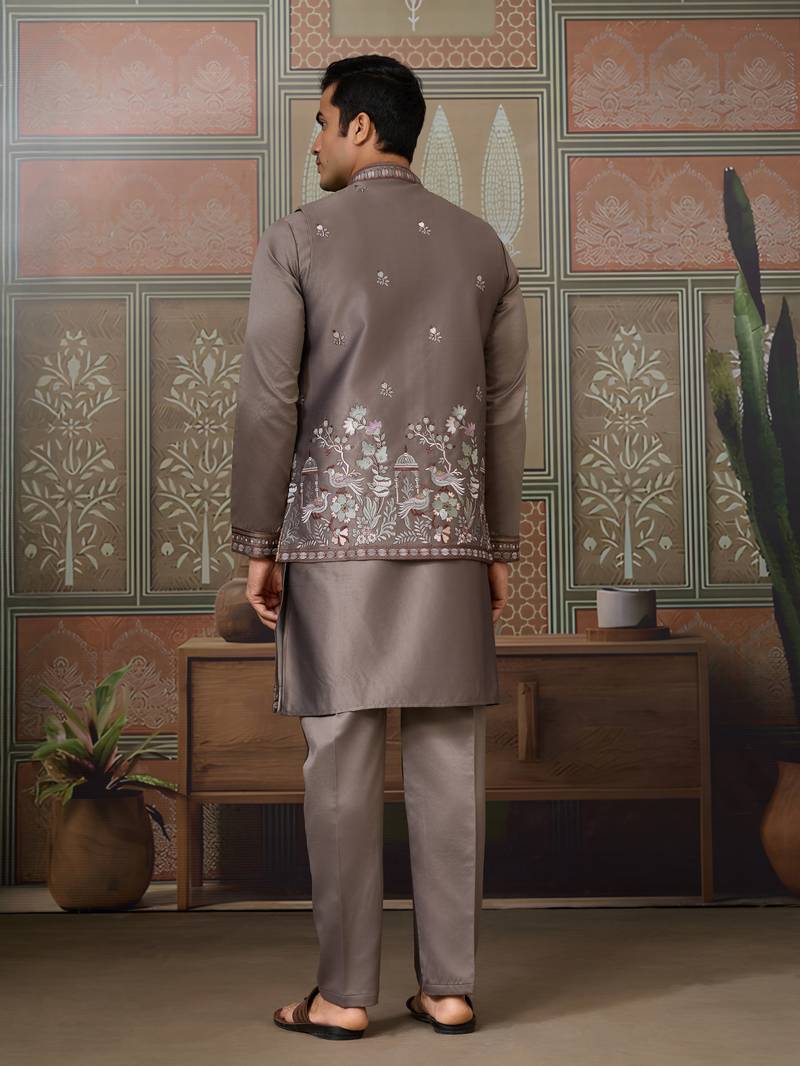 Grey silk premium thread & sequins embroidered work wedding festival party wear straight kurta with jacke and pant