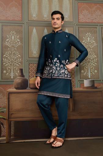 Teal silk premium thread & sequins embroidered work wedding festival party wear straight kurta with jacke and pant