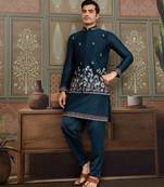 Teal silk premium thread & sequins embroidered work wedding festival party wear straight kurta with jacke and pant