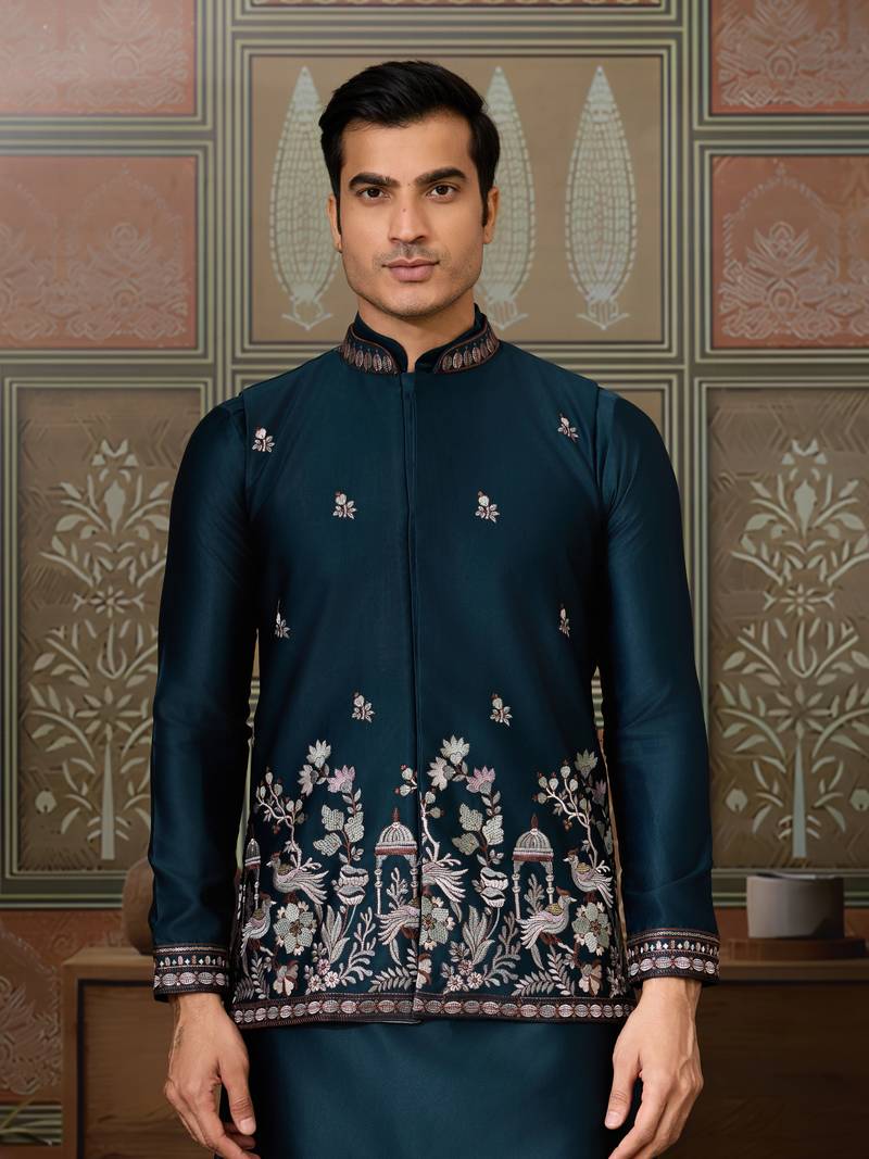 Teal silk premium thread & sequins embroidered work wedding festival party wear straight kurta with jacke and pant