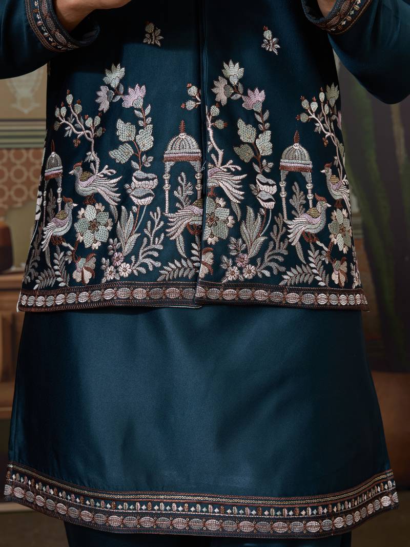 Teal silk premium thread & sequins embroidered work wedding festival party wear straight kurta with jacke and pant