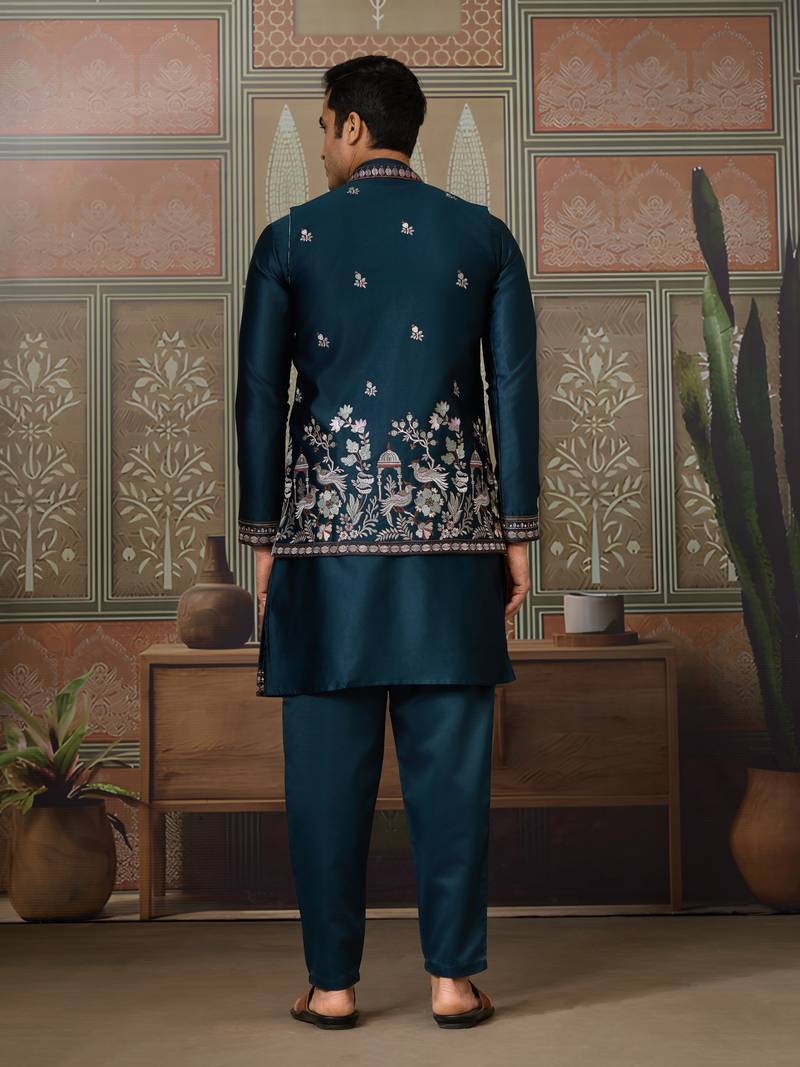 Teal silk premium thread & sequins embroidered work wedding festival party wear straight kurta with jacke and pant