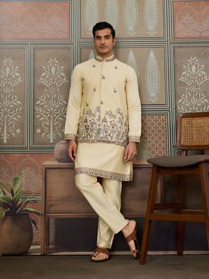 LIGHT YELLOW SILK PREMIUM THREAD & SEQUINS EMBROIDERED WORK FESTIVAL PARTY WEAR STRAIGHT KURTA WITH JACKE AND PANT 1