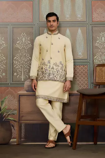Light yellow silk premium thread & sequins embroidered work festival party wear straight kurta with jacke and pant