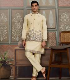 LIGHT YELLOW SILK PREMIUM THREAD & SEQUINS EMBROIDERED WORK FESTIVAL PARTY WEAR STRAIGHT KURTA WITH JACKE AND PANT