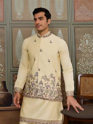LIGHT YELLOW SILK PREMIUM THREAD & SEQUINS EMBROIDERED WORK FESTIVAL PARTY WEAR STRAIGHT KURTA WITH JACKE AND PANT 3