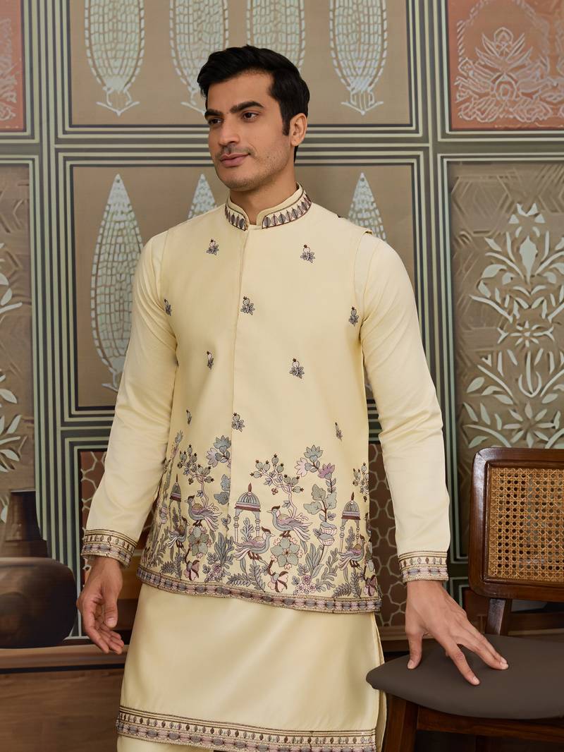 Light yellow silk premium thread & sequins embroidered work festival party wear straight kurta with jacke and pant