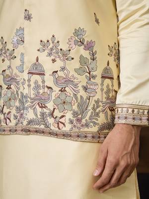LIGHT YELLOW SILK PREMIUM THREAD & SEQUINS EMBROIDERED WORK FESTIVAL PARTY WEAR STRAIGHT KURTA WITH JACKE AND PANT 5