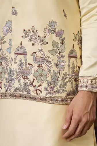 LIGHT YELLOW SILK PREMIUM THREAD & SEQUINS EMBROIDERED WORK FESTIVAL PARTY WEAR STRAIGHT KURTA WITH JACKE AND PANT