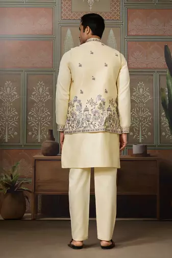 LIGHT YELLOW SILK PREMIUM THREAD & SEQUINS EMBROIDERED WORK FESTIVAL PARTY WEAR STRAIGHT KURTA WITH JACKE AND PANT