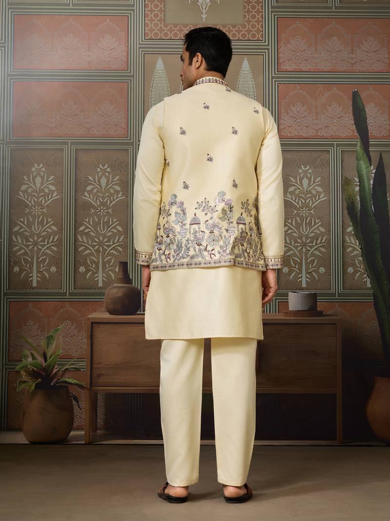 Light yellow silk premium thread & sequins embroidered work festival party wear straight kurta with jacke and pant