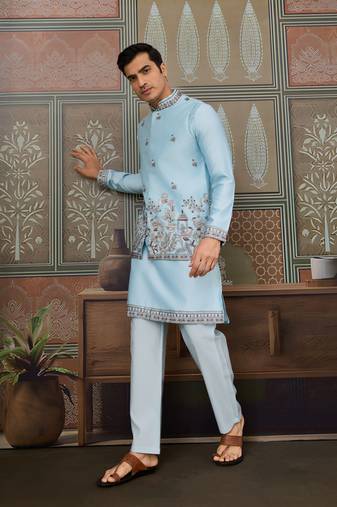Sky blue silk premium thread & sequins embroidered work wedding festival party wear straight kurta with jacke and pant