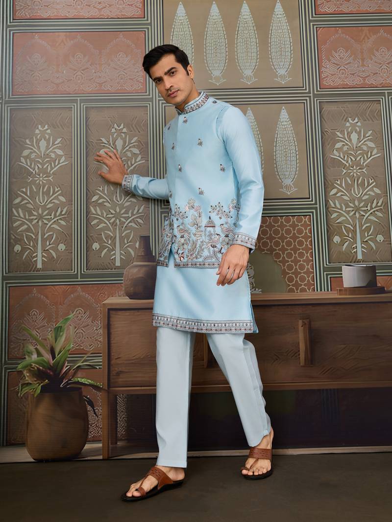 Sky blue silk premium thread & sequins embroidered work wedding festival party wear straight kurta with jacke and pant