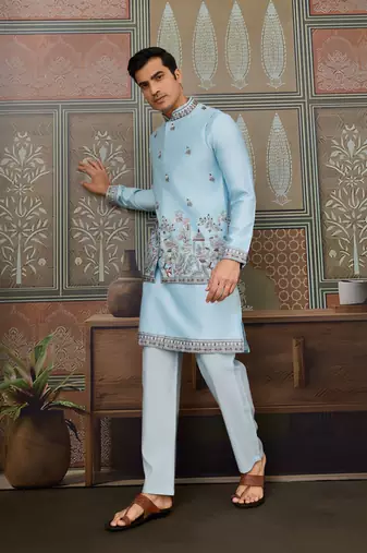 Sky blue silk premium thread & sequins embroidered work wedding festival party wear straight kurta with jacke and pant