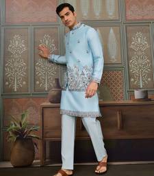 SKY BLUE SILK PREMIUM THREAD & SEQUINS EMBROIDERED WORK WEDDING FESTIVAL PARTY WEAR STRAIGHT KURTA WITH JACKE AND PANT