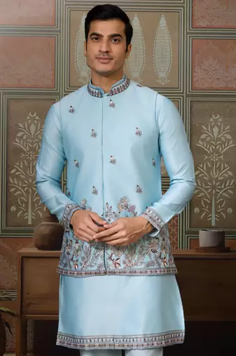 SKY BLUE SILK PREMIUM THREAD & SEQUINS EMBROIDERED WORK WEDDING FESTIVAL PARTY WEAR STRAIGHT KURTA WITH JACKE AND PANT