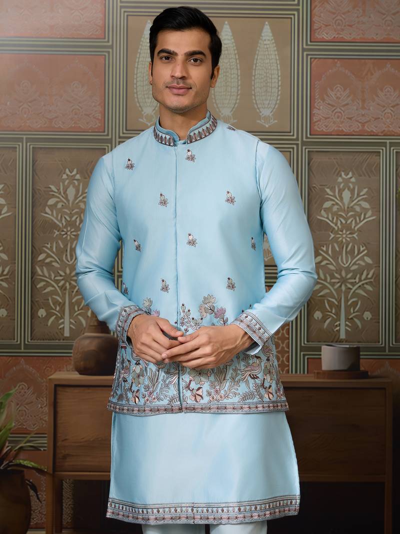 Sky blue silk premium thread & sequins embroidered work wedding festival party wear straight kurta with jacke and pant