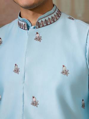 SKY BLUE SILK PREMIUM THREAD & SEQUINS EMBROIDERED WORK WEDDING FESTIVAL PARTY WEAR STRAIGHT KURTA WITH JACKE AND PANT 4