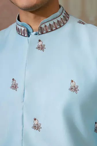 SKY BLUE SILK PREMIUM THREAD & SEQUINS EMBROIDERED WORK WEDDING FESTIVAL PARTY WEAR STRAIGHT KURTA WITH JACKE AND PANT