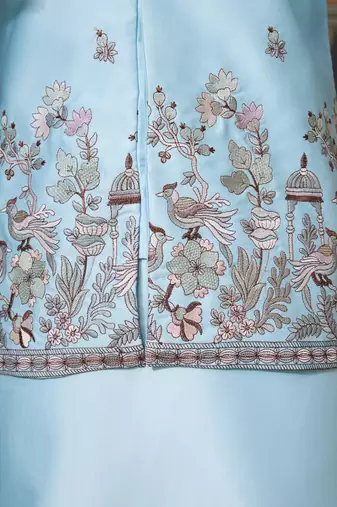 SKY BLUE SILK PREMIUM THREAD & SEQUINS EMBROIDERED WORK WEDDING FESTIVAL PARTY WEAR STRAIGHT KURTA WITH JACKE AND PANT