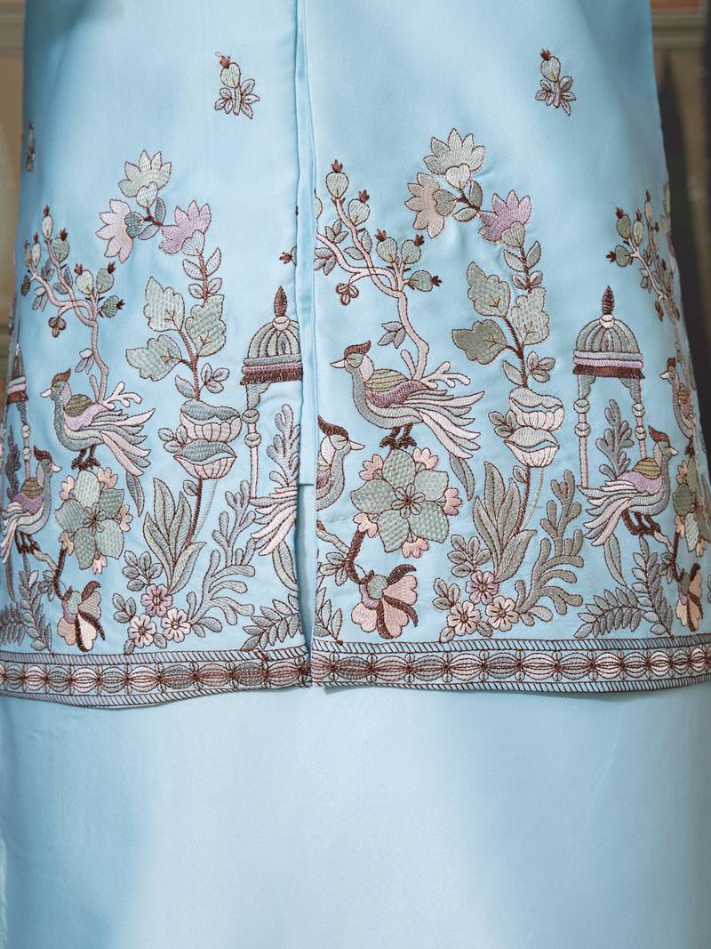Sky blue silk premium thread & sequins embroidered work wedding festival party wear straight kurta with jacke and pant