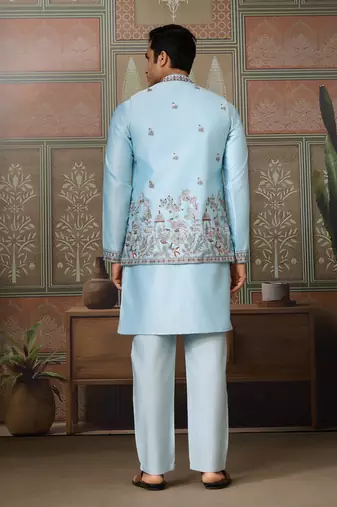 SKY BLUE SILK PREMIUM THREAD & SEQUINS EMBROIDERED WORK WEDDING FESTIVAL PARTY WEAR STRAIGHT KURTA WITH JACKE AND PANT