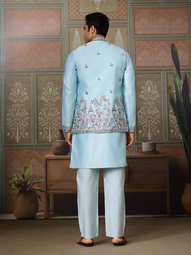 Sky blue silk premium thread & sequins embroidered work wedding festival party wear straight kurta with jacke and pant