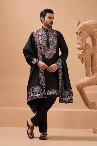 Black viscose silk thread & sequins embroidered work function festival marriage party wear straight kurta dupatta