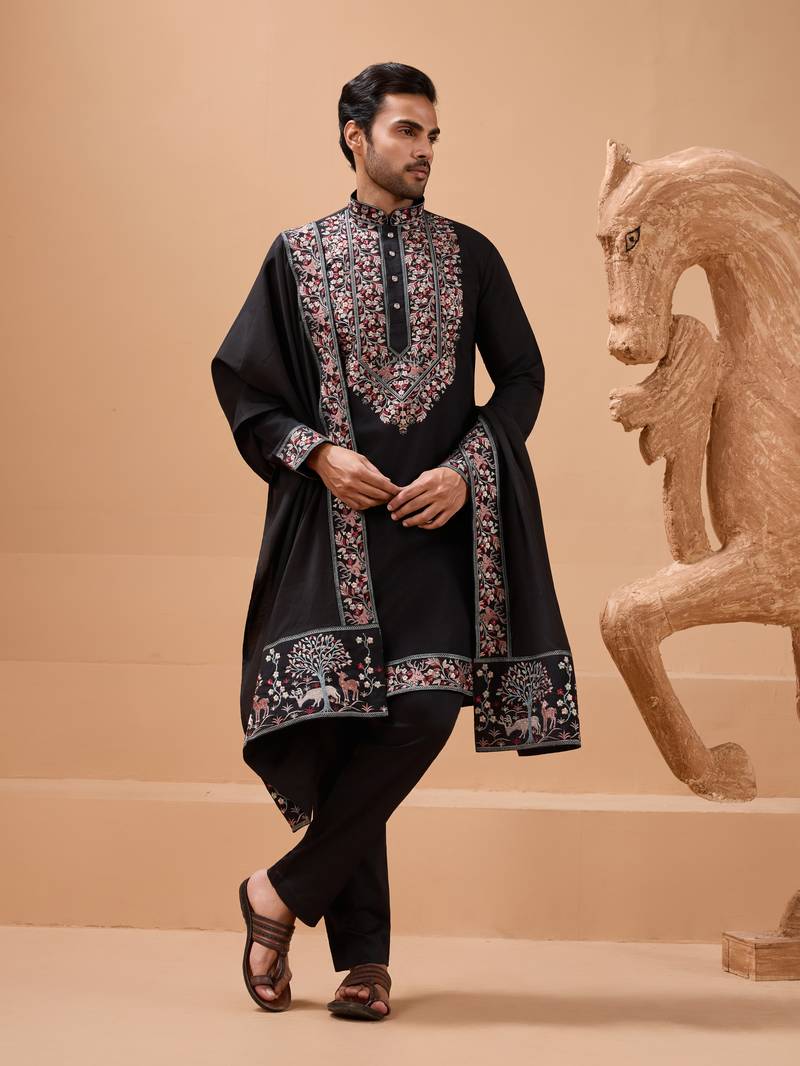 Black viscose silk thread & sequins embroidered work function festival marriage party wear straight kurta dupatta