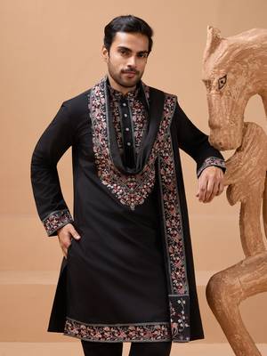 BLACK VISCOSE SILK THREAD & SEQUINS EMBROIDERED WORK FUNCTION FESTIVAL MARRIAGE PARTY WEAR STRAIGHT KURTA PANT DUPATTA 3