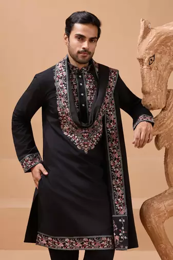 BLACK VISCOSE SILK THREAD & SEQUINS EMBROIDERED WORK FUNCTION FESTIVAL MARRIAGE PARTY WEAR STRAIGHT KURTA PANT DUPATTA