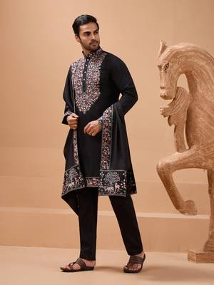 BLACK VISCOSE SILK THREAD & SEQUINS EMBROIDERED WORK FUNCTION FESTIVAL MARRIAGE PARTY WEAR STRAIGHT KURTA PANT DUPATTA 6