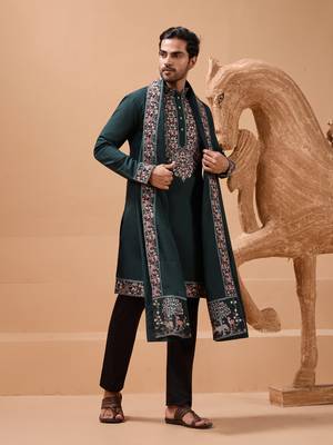 GREEN VISCOSE SILK THREAD & SEQUINS EMBROIDERED WORK FUNCTION FESTIVAL MARRIAGE PARTY WEAR STRAIGHT KURTA PANT DUPATTA 1